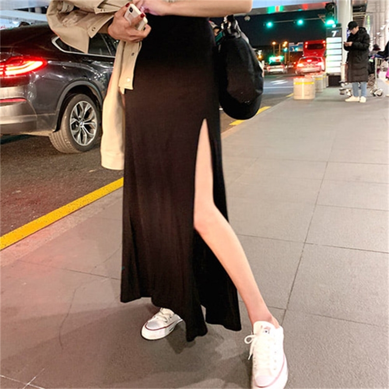 cotton High Waist Split Side Black Skirt Women Sexy Long Solid Skirts Womens Summer Skirt Girls High Waist Straight 210306