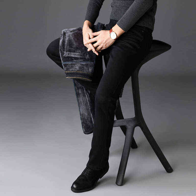 Men Fashion Winter Jeans Black Color Slim Fit Stretch Thick Velvet Pants Warm Casual Fleece Trousers Male 211111