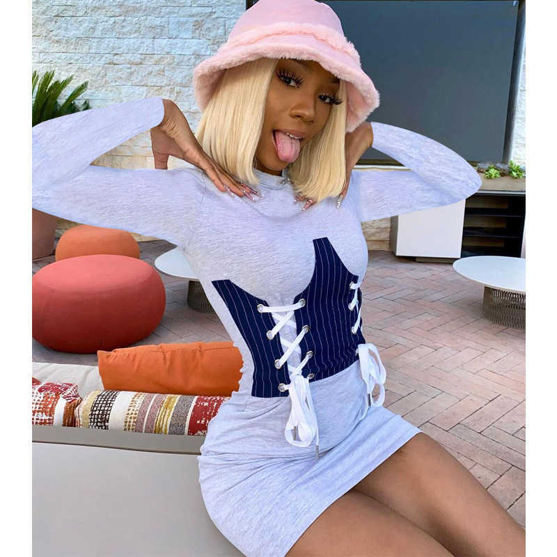 Colysmo Tshirt Dress Women Patchwork Lace up Stripe Long Sleeve Slim Fit Mini Bodycon Dresses Fall Lady Fashion White Vestidos 210527