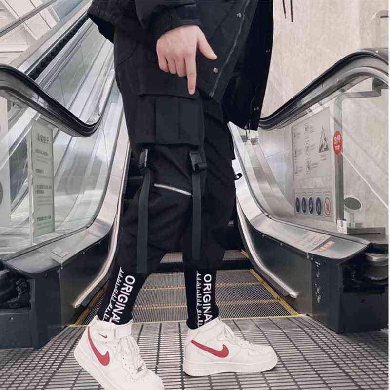 Joggers Cargo Pants for Men Casual Hip Hop Hit Color Pocket Male Trousers Sweatpants Streetwear Ribbons Techwear Pants 211112