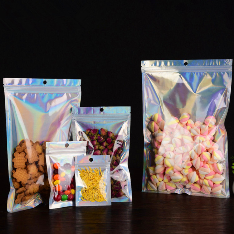 100pcs Hologram Aluminum Foil Zip Lock Laser Bags Resealable Clear Window Jewelry Trinkets Nail Stickers Eyelashes Beads Snack Coffee Tea Hologaphic P