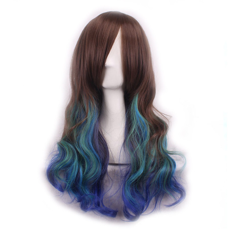 long wavy synthetic hair wigs women japanese harajuku green pink white red purple rainbow color fibre anime cosplay wig ombre