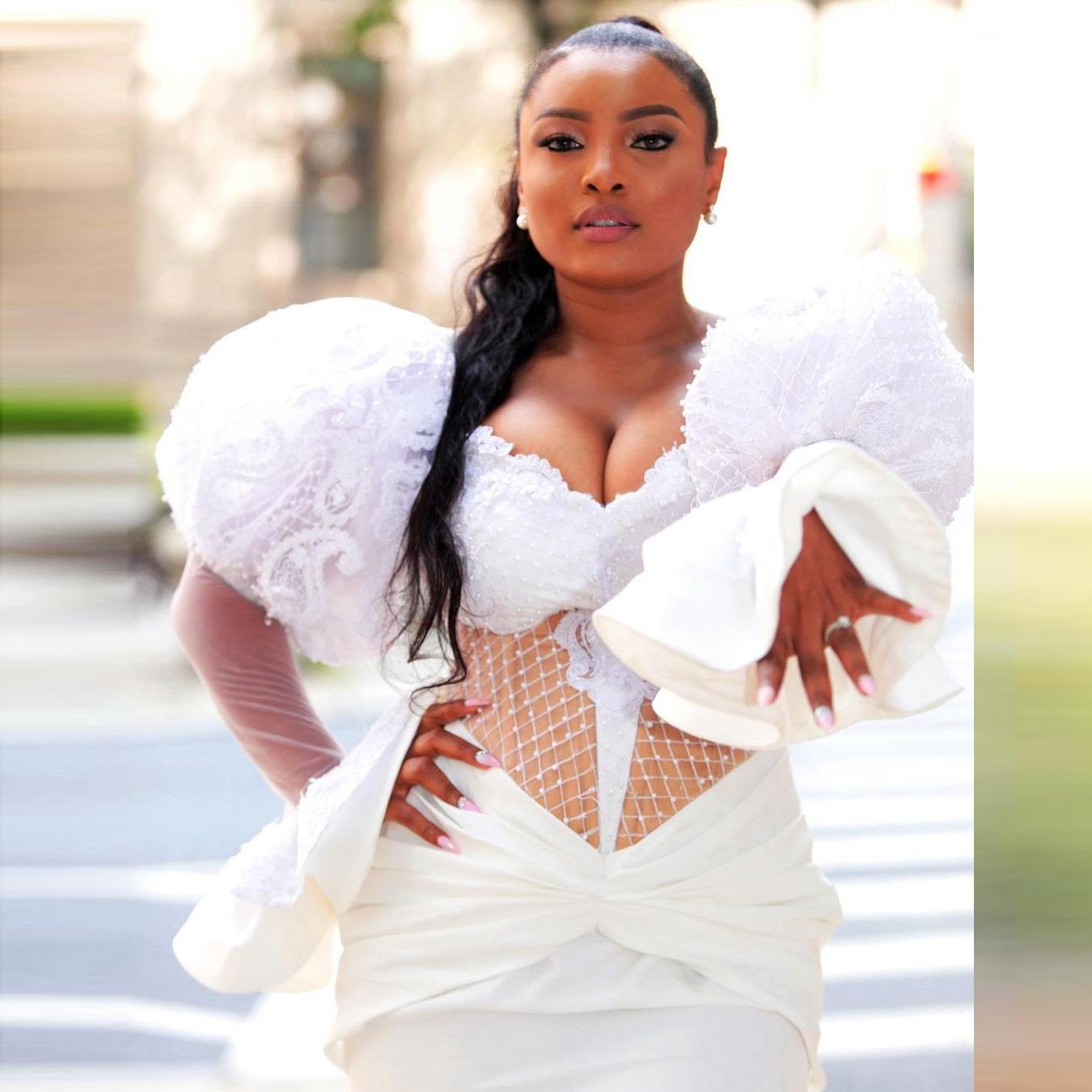 Little White Dress Aso Ebi Prom Dresses Puffy Long Sleeves 2022 Plus Size African Lace Floral Tea-length Evneing Party Gowns