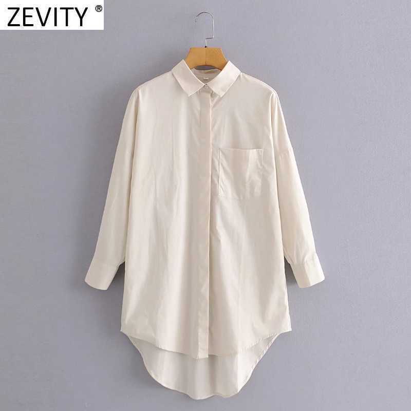Zevity Women Simply Pocket Patch Casual Long Blouse Ladies Long Sleeve Business Shirt Chic Femme Breasted Blusas Tops LS7346 210603