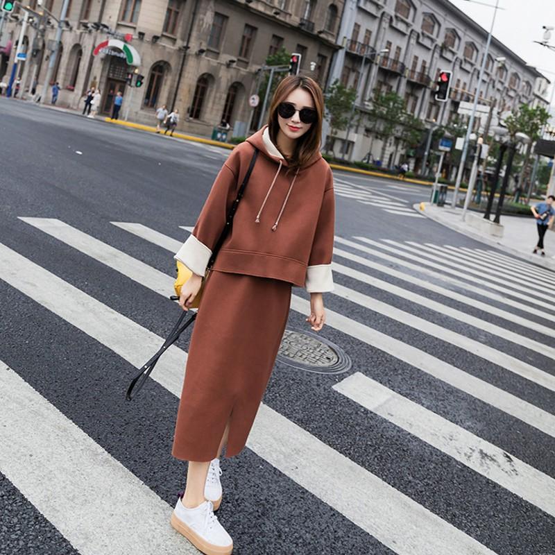 Women's Tracksuits Korean Style Temperament Long-sleeved Pullovers Two-piece Hoodies Black