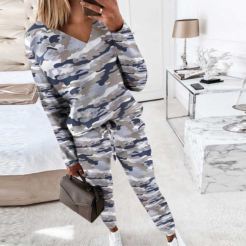 Casual Camouflage Sports Suits Women V-neck Long Sleeve Tops And Drawstring Long Pants Two Piece Set Female Streetwear Tracksuit 210709