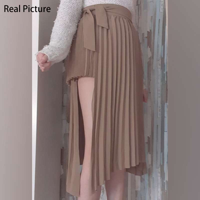 Spring Irregular Sashes Mid Calf Women Pleated Skirt Khaki Pleated Skirt Vintage High Waist Casual Skirts Female Faldas 210306