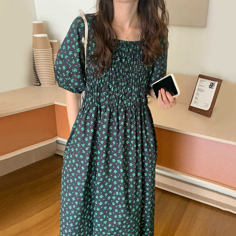 Korejpaa Women Mini Dress Summer Korean Fashion Chic Print Square Neck Small Floral Pleated Gathered Waist Casual Dresses 210526