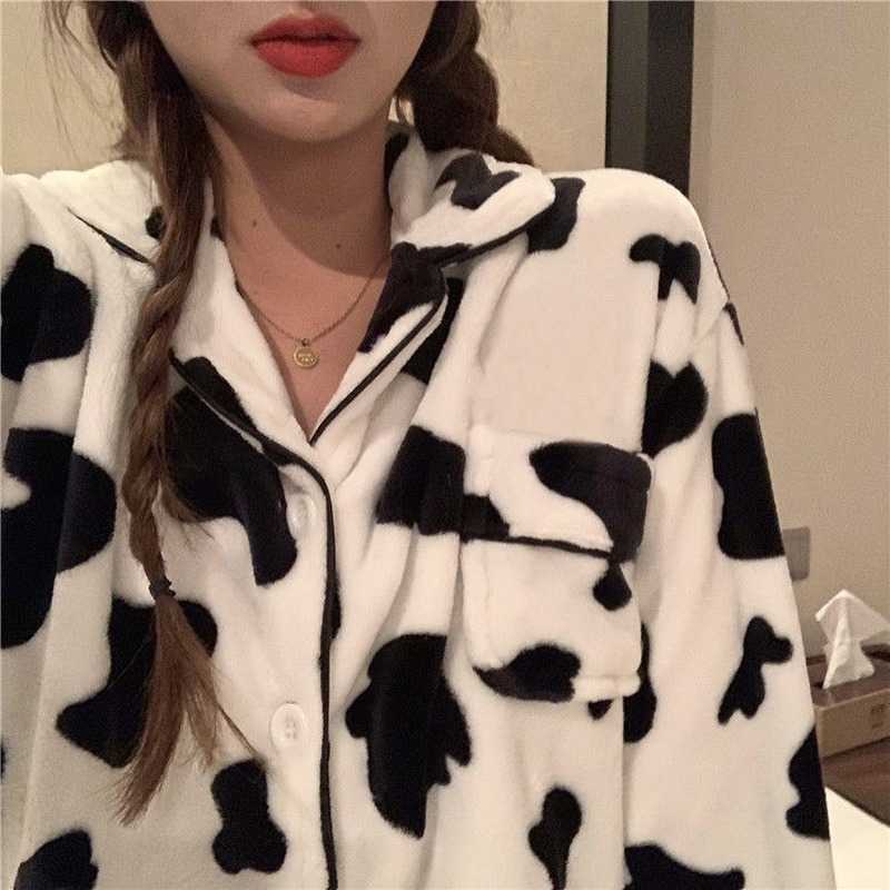 QWEEK Velvet Cow Print Pajama Woman Winter Warm Two Piece Set Sleepwear Pyjama Pour Femme Lounge Wear Trouser Suits thicken 210928