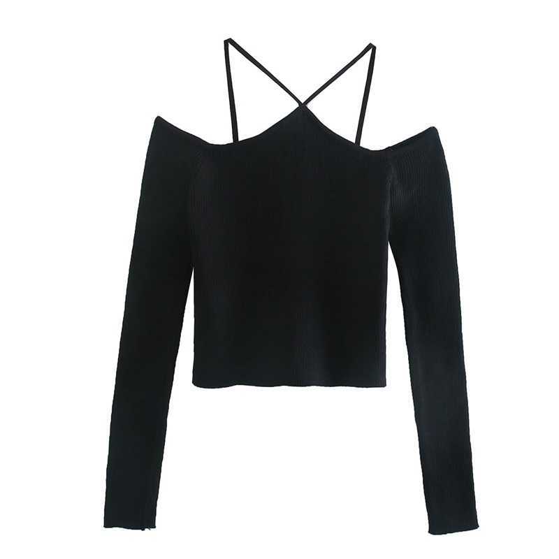 TRAF Women Fashion Strapless Long Sleeve Halter Knit Top Hollow Sweater Streetwear 211011Z