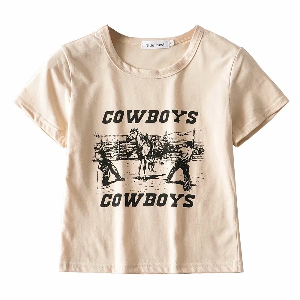 YOZOU Women Summer O-Neck Vintage 90s Cowboy Pattern Printting Short Sleeve Crop Top Tee T-Shirt For Female YL-286 210302