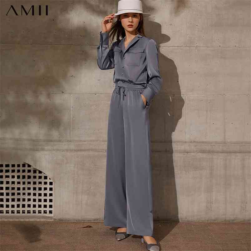 Minimalism Spring Women's Silk Shirt Causal Solid Lapel Loose Offical Lady 12130057 210527