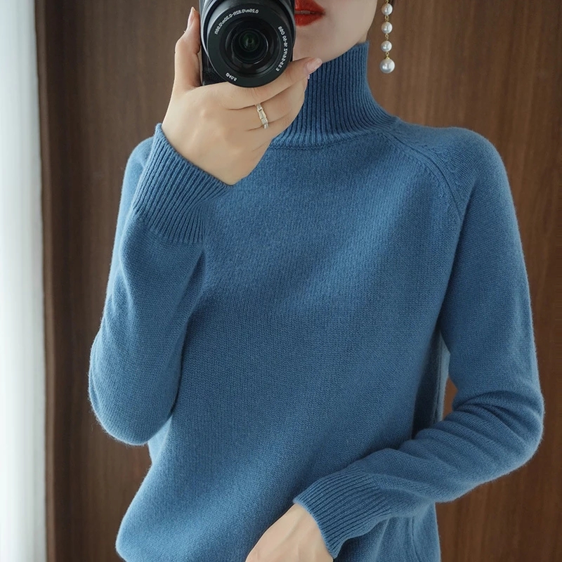 Women's Cashmere Turtleneck Sweater - Long Sleeve, Thick, Loose Fit, Pullover, Winter Jumper, Blue B4