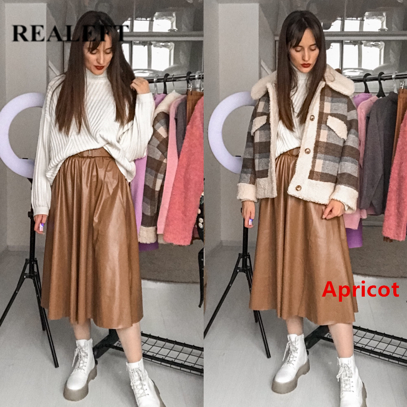 REALEFT Autumn Winter PU Faux Leather Long Skirts with Belt High Waist Elegant New A-line Chic Mid-calf Umbrella Skirts 210309