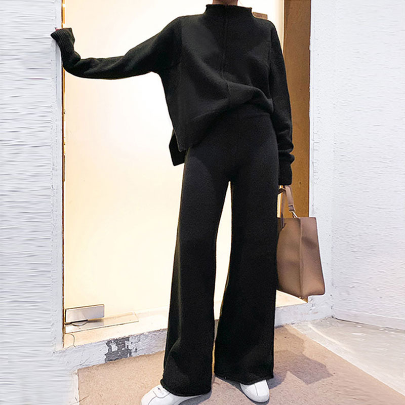 Genayooa Two Piece Set Pullover Sweater Tracksuit Women High Waist Knit Wide Leg Pants Suit 2 Winter 220315
