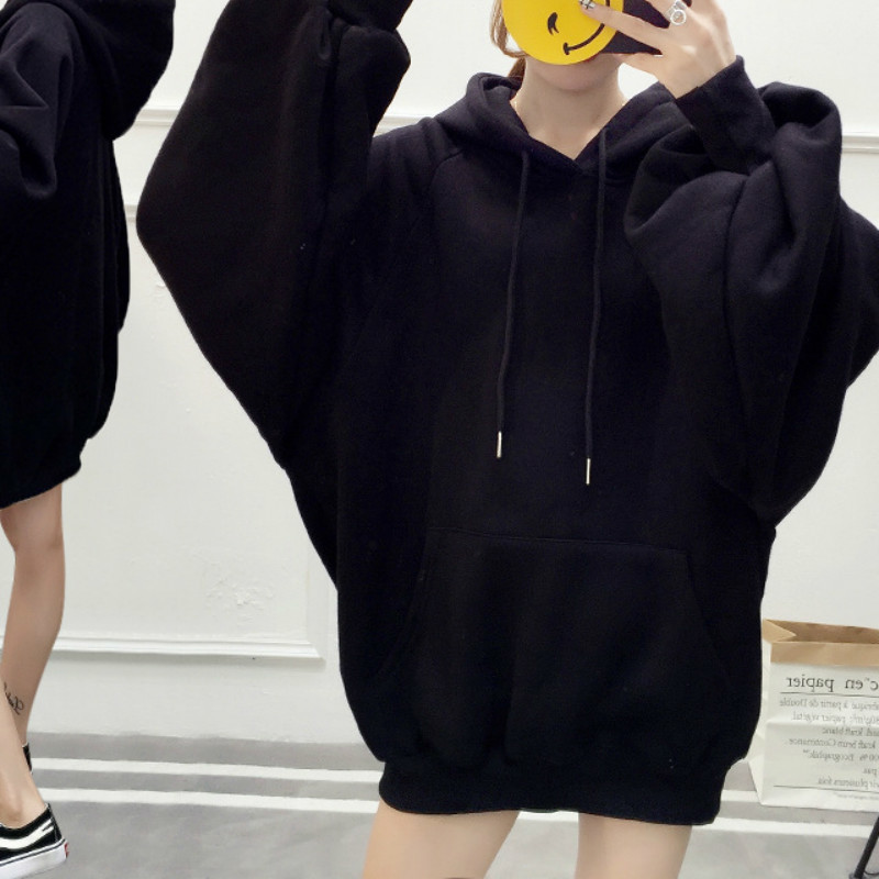 Women's Oversized Sweatshirt Lantern Sleeves Plus Velvet Pure Color Casual Hoodie Autumn And Winter Fashion Pullover Coat 201113