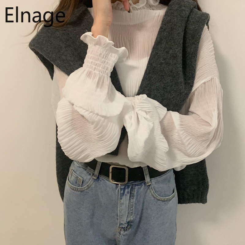 Elnage Spring New Korean Loose Half High Collar Bottoming Trumpet Long Sleeve Blouse with Lace Shirt for Women 5A176 210225