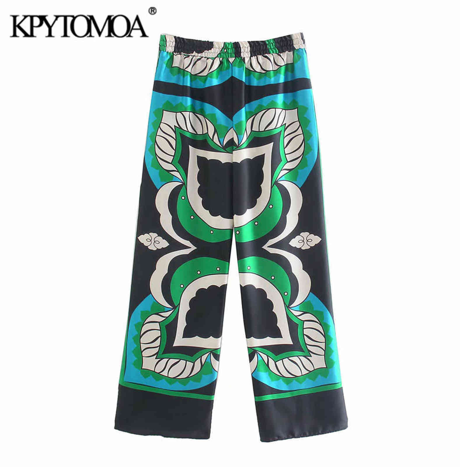 KPYTOMOA Women Fashion Side Pockets Print Wide Leg Pants Vintage High Elastic Waist Drawstring Female Ankle Trousers Mujer 211115