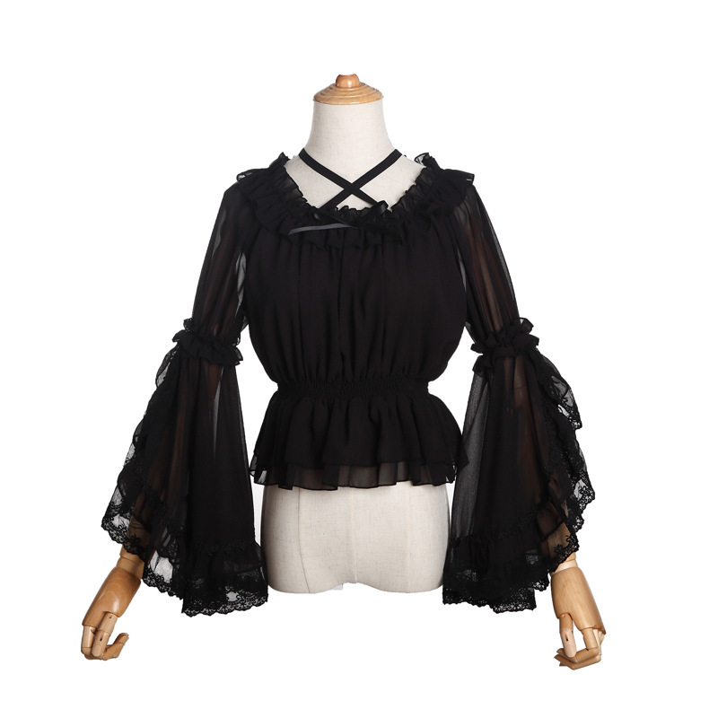 Chiffon Lolita Lace Blouse Strap Under Shirt Halter Neck Off Shoulder Women Long Flounce Tops Bell Sleeves For Plus Size 210225