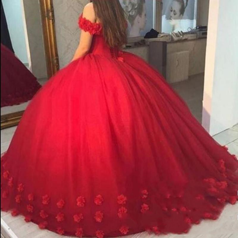 2022 3D Floral Puffy Ball Gown Quinceanera Dresses Flowers Appliques Off Shoulder Tulle Lace-Up Back Princess Sweet 16 Dress Prom Party Pageant Dress 