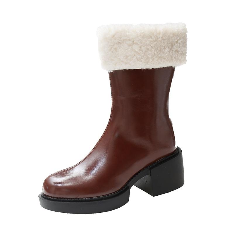 Boots Women 2021 Zipper Plush Winter Footwear Female Shoes Round Toe Fur Med Rock Rubber Mid Calf Mid-Calf Ladies Solid Mid-