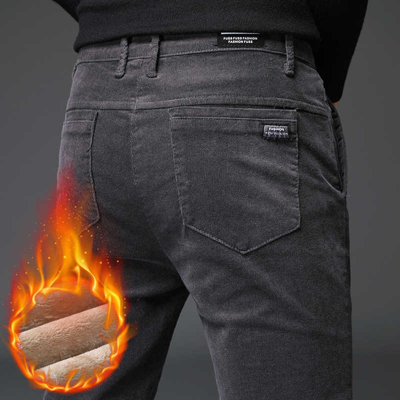 Men's Winter Pants Thick Cotton Fleece Warm Zipper Pocket Black Brown Pants Male Straight Trousers Stretch Casual Corduroy Pants Y0927
