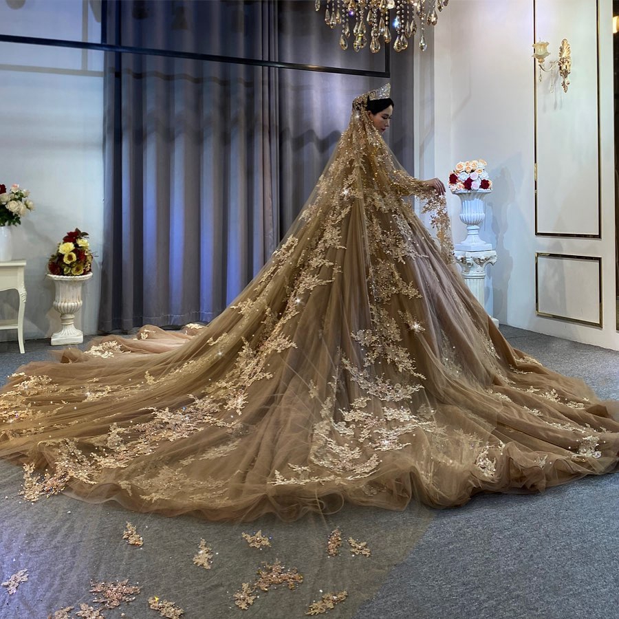 2021 Gothic Brown Wedding Dresses Luxutry Long Sleeves Beaded Appliques Lace Bridal Wedding bridal Gowns In Dubai Wtih Train