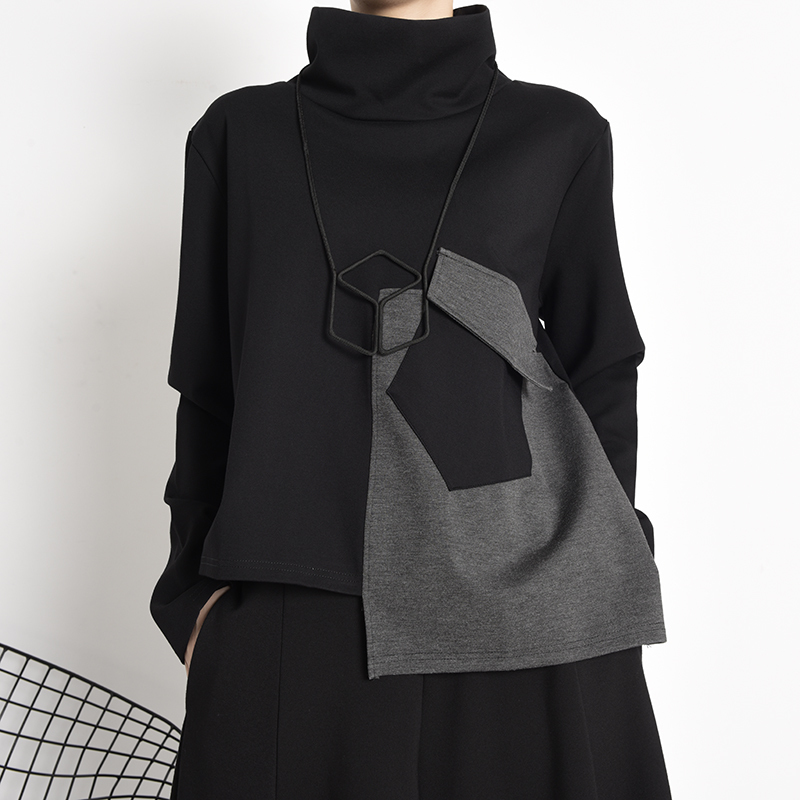 [EAM] Loose Fit Pocket Black Gray Sweatshirt New Turtleneck Long Sleeve Women Big Size Fashion Tide Spring Autumn LJ201130