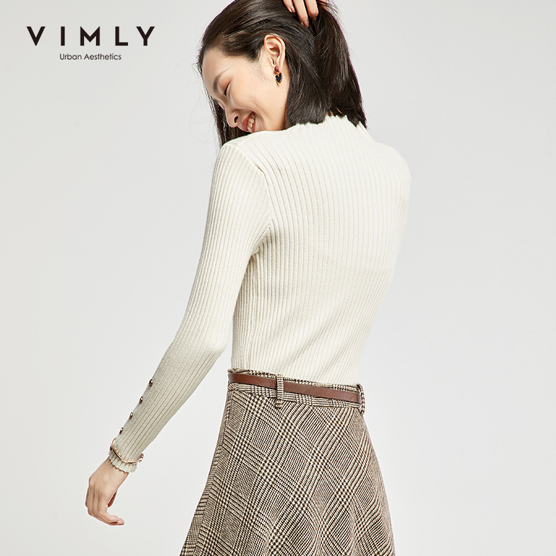 Vimly Spring Autumn Women Knitted Pullovers Tops Fashion Solid Stand Collar Buttons Slim OL Elegant Female Sweater 99157 201017
