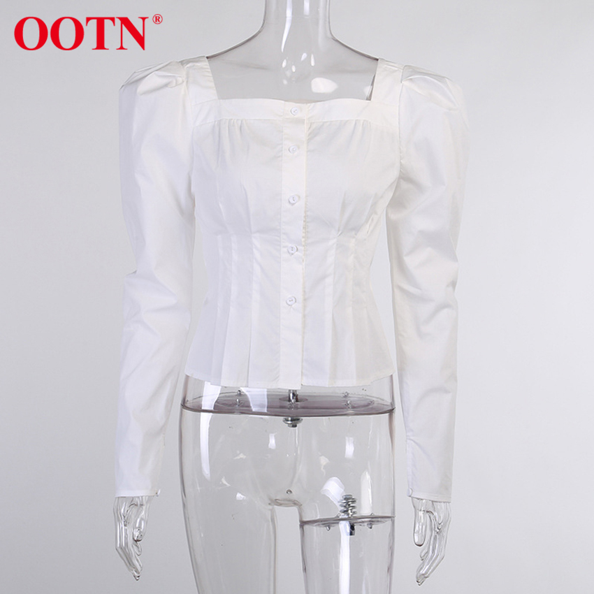OOTN Square Neck White Shirt Female Pleated Tunic Women Blouse Elegant Puff Sleeve Top Black Office Ladies Blouse Cotton Blue 210225