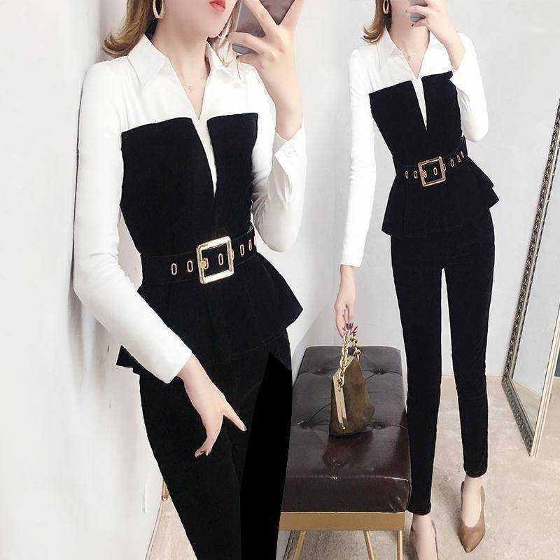 With Belt! Women Spring Spliced V Neck Blouses White Black Tops And Slim Pants Suits Elegant Ladies Clothing Set NS2441
With Belt! Women Spring Spliced V Neck Blouses White Black Tops And Slim Pants Suits Elegant Ladies Clothing Set NS2441