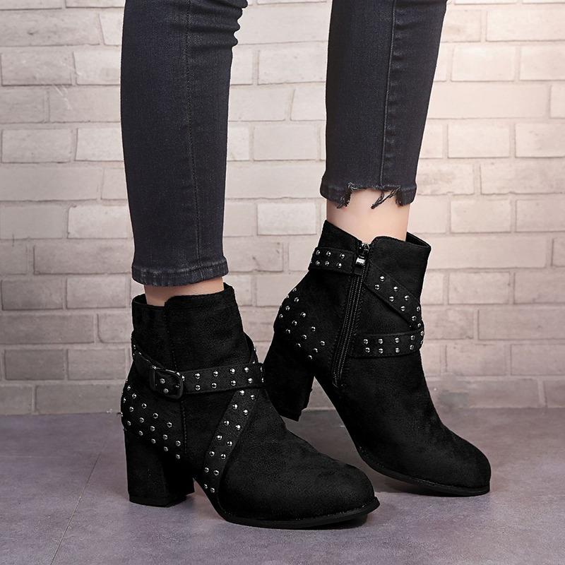 Boots Winter Women Ankle Cross Tie Rivet Flock Buckle Pointed Toe Zip Solid Rubber Sole Fashion Casual Shoes Female Ladies