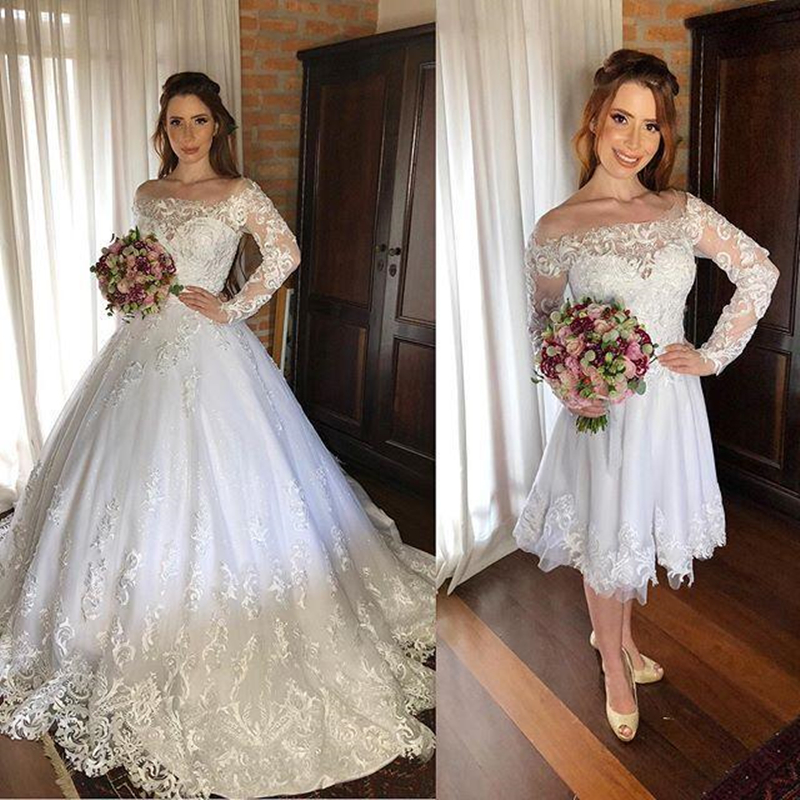 Detachable Skirt A Line Lace Wedding Dresses Bridal Gowns With Illusion Long Sleeves Off The Shoulder Floor Length Appliqued Princess Bride Dress 2021