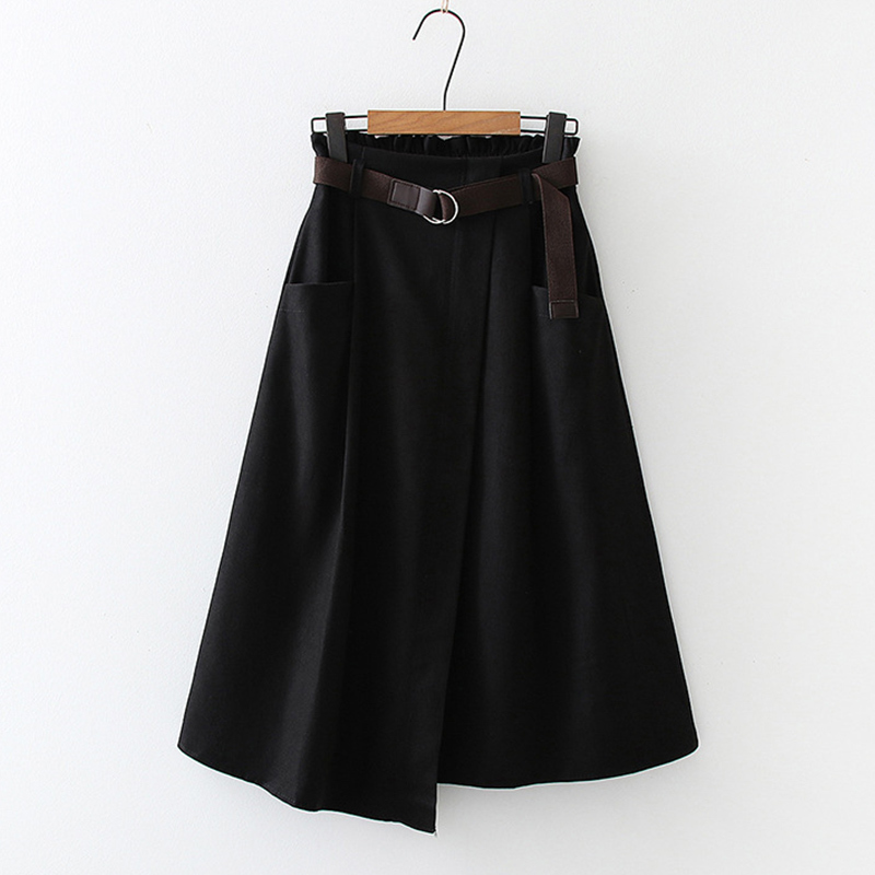 SURMIITRO Spring Autumn Women Korean Style Super Quality Black Female High Elastic Waist School Midi Skirt With Belt 210306