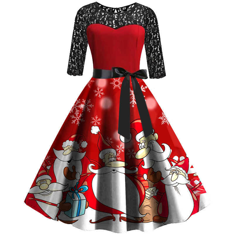 Autumn Winter Christmas Dress Women Sexy Lace Patchwork O Neck Half Sleeve Santa Claus Print Bow Big Swing Xmas Party 210526