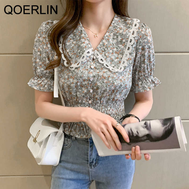 Chic Peter Pan Collar Elastic Waist Shirts Girls Sweet Korean Style Short Sleeve Slim Tops Blouse Fashion Printed Floral 210601