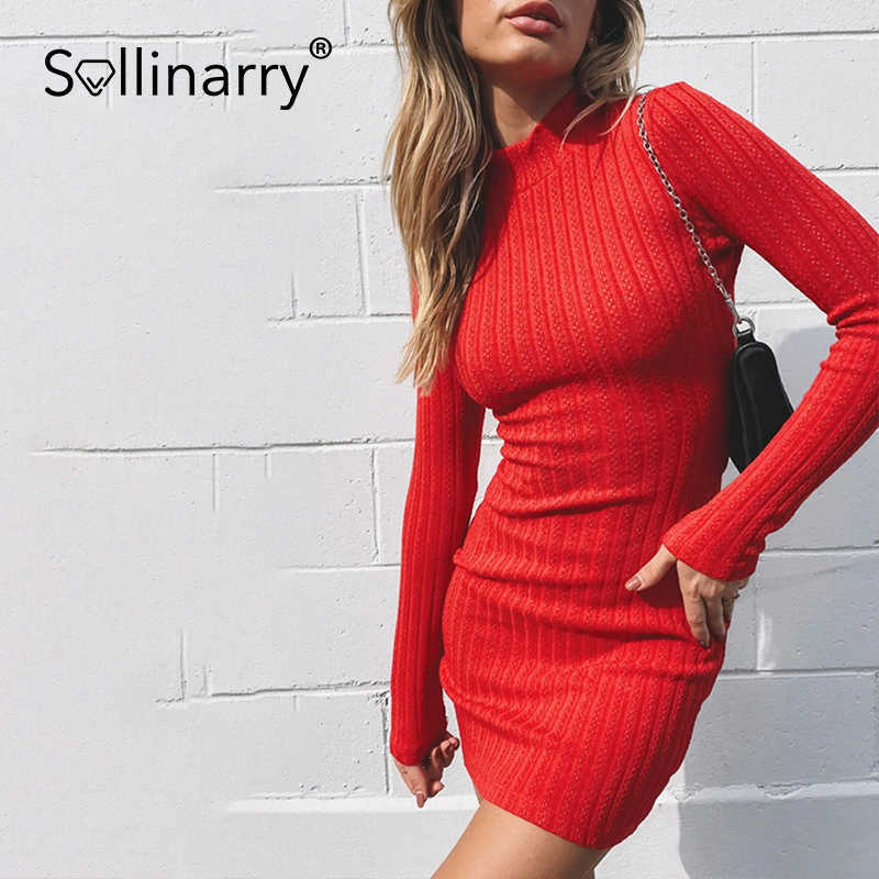 Sollinary Autumn long sleeves back hollow out dress women Elastic bodycon mini dress Sexy solid color round neck dress 210709