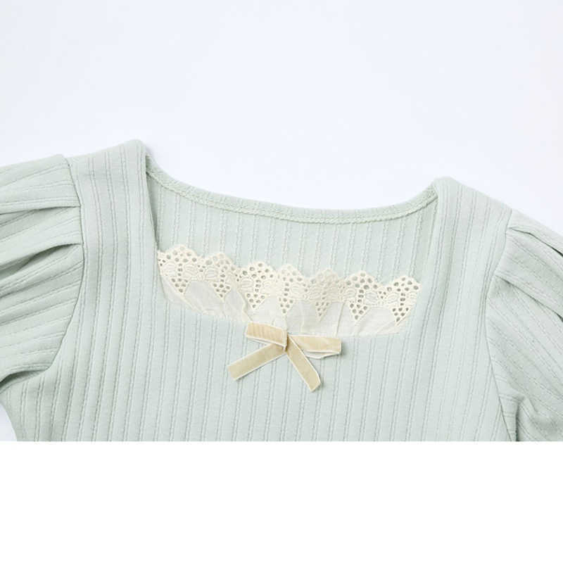 Square Collar Short Sleeve Crop Tops Women Summer Korean Fashion Patchwork Lace Slim Lady Green Knitted Pullovers 210918