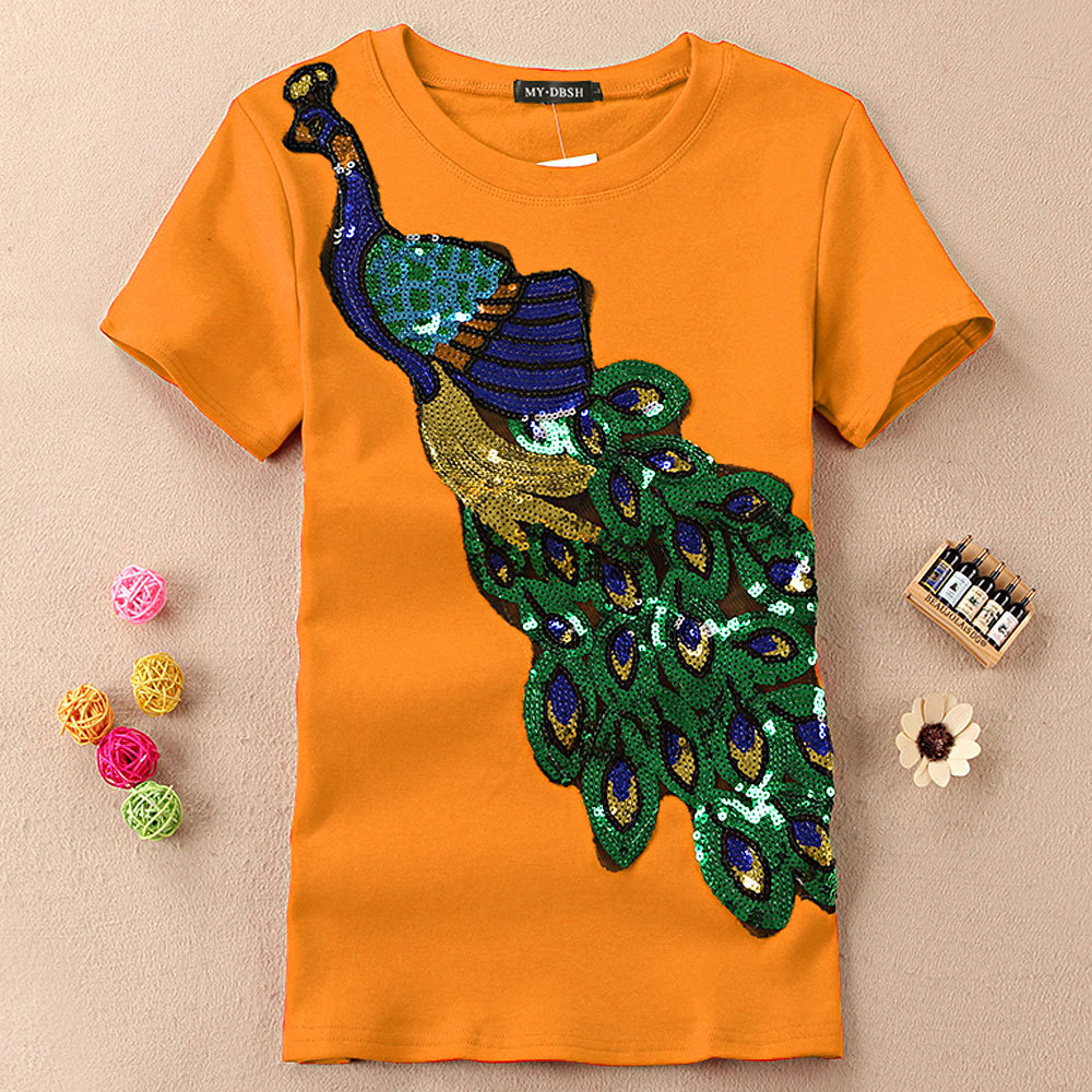 New Fashion Women Elegant Peacock O Neck T shirt Femal Sequins Embroidery T-shirt Casual Top Tees Plus Size S-4XL Free Shipping 210306