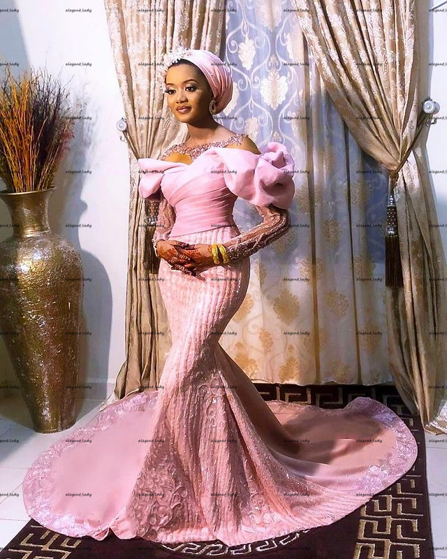Sheer O-neck Puffy Long Sleeve Wedding Dresses Hot Pink Sparkly Lace Beaded Mermaid African Nigeria Arabic Aso Ebi Bridal Gowns