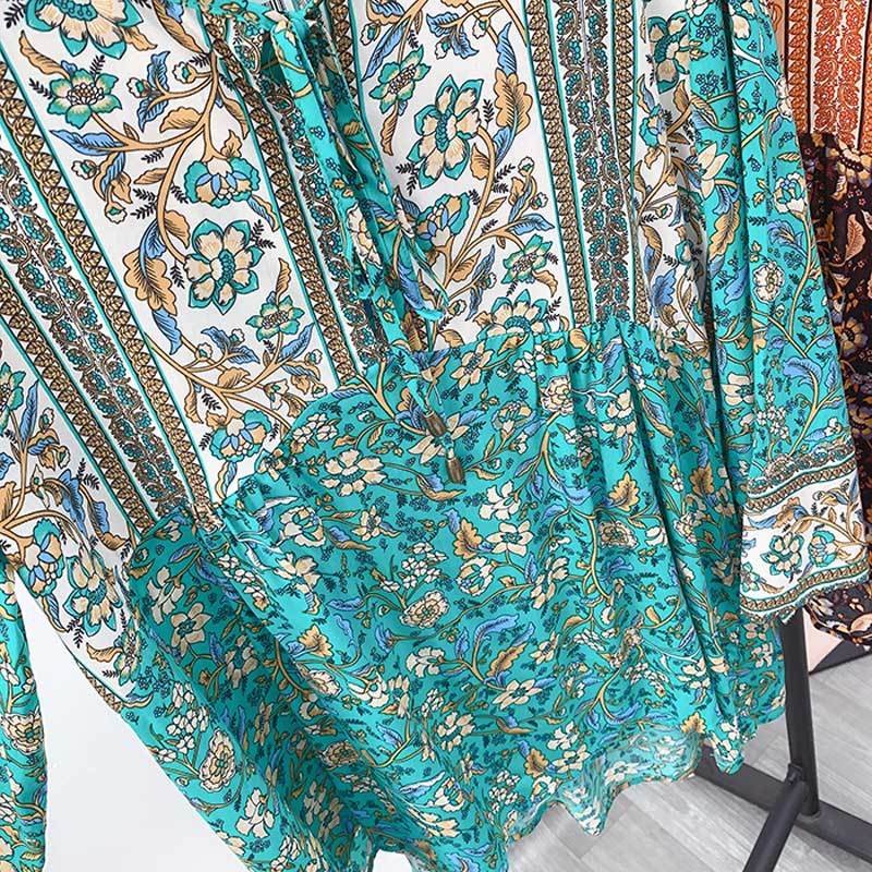 BOHO INSPIRED green floral summer top tassel tie blouse women buttons cotton women tops bohemian gypsy laidies tops holiday 210308