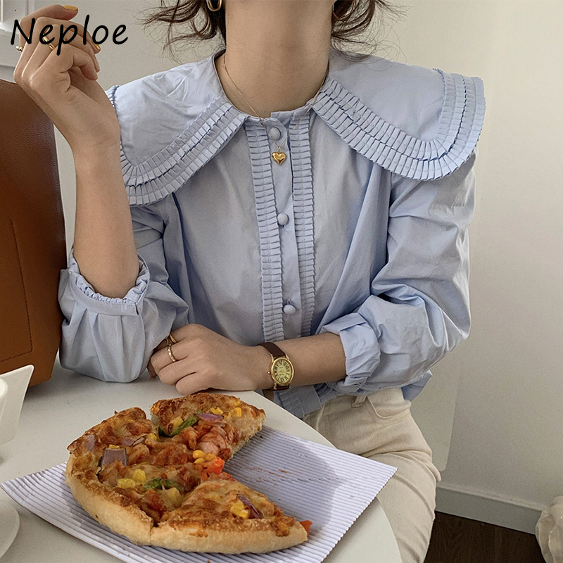 Neploe Doll Collar Puff Long Sleeve Cute Blouse Women Work Style OL Loose White Blue Blusas Single Breast Simple Shirt 210225