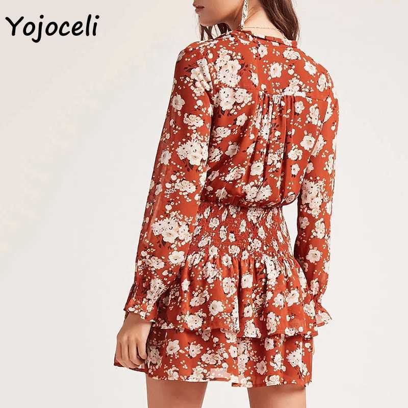 Yojoceli floral print v neck bow dres spring shirred boho beach mini 210609