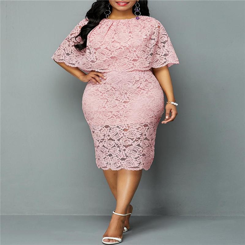 Casual Dresses Ladies Summer/Fall 2021 Plus-size Dress Elegant Pink Lace Dinner