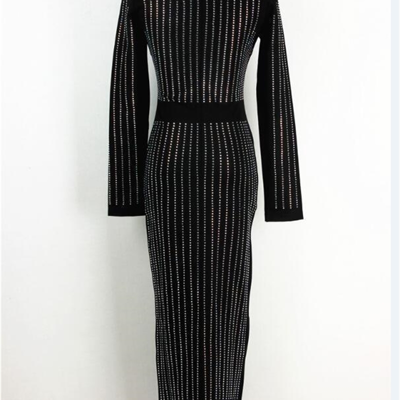 S-3XL Excellent Quality Barocco Runway Long Sleeve Autumn Women Sexy Rhinestone Diamond Embellished Bodycon Long Dress T200319