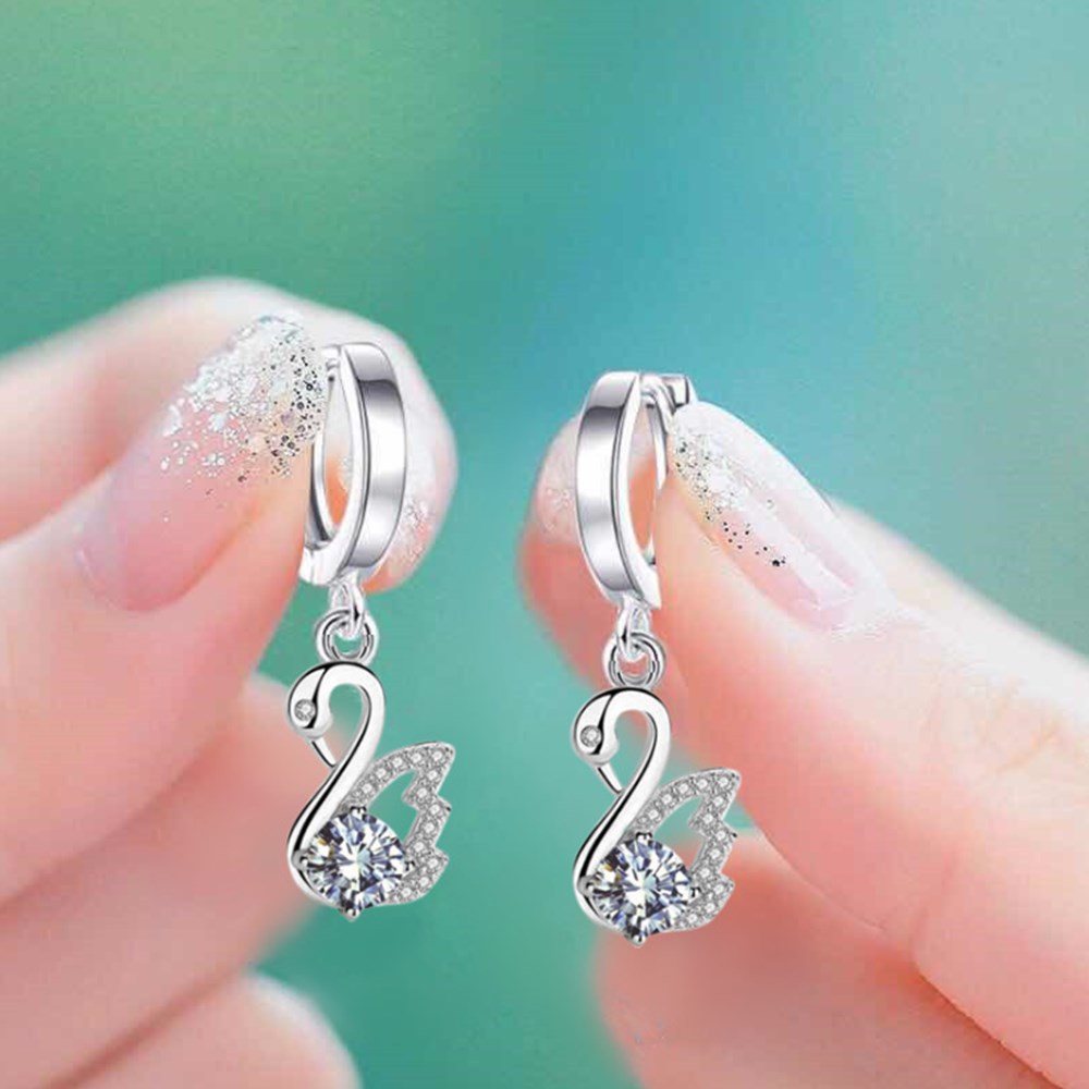 Swan Hoop Earrings 925 Sterling Silver Women's Fashion Jewelry Blue White Crystal Zircon Long Tassel