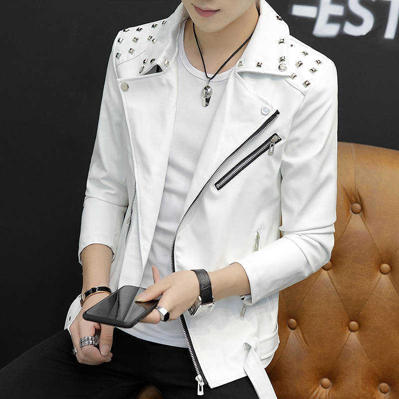 Idopy Men`s Faux Leather Jacket Rivet Studded Slim Fit Multi Zippers Motorcycle Outerwear Jacket and Coat For Male 211018