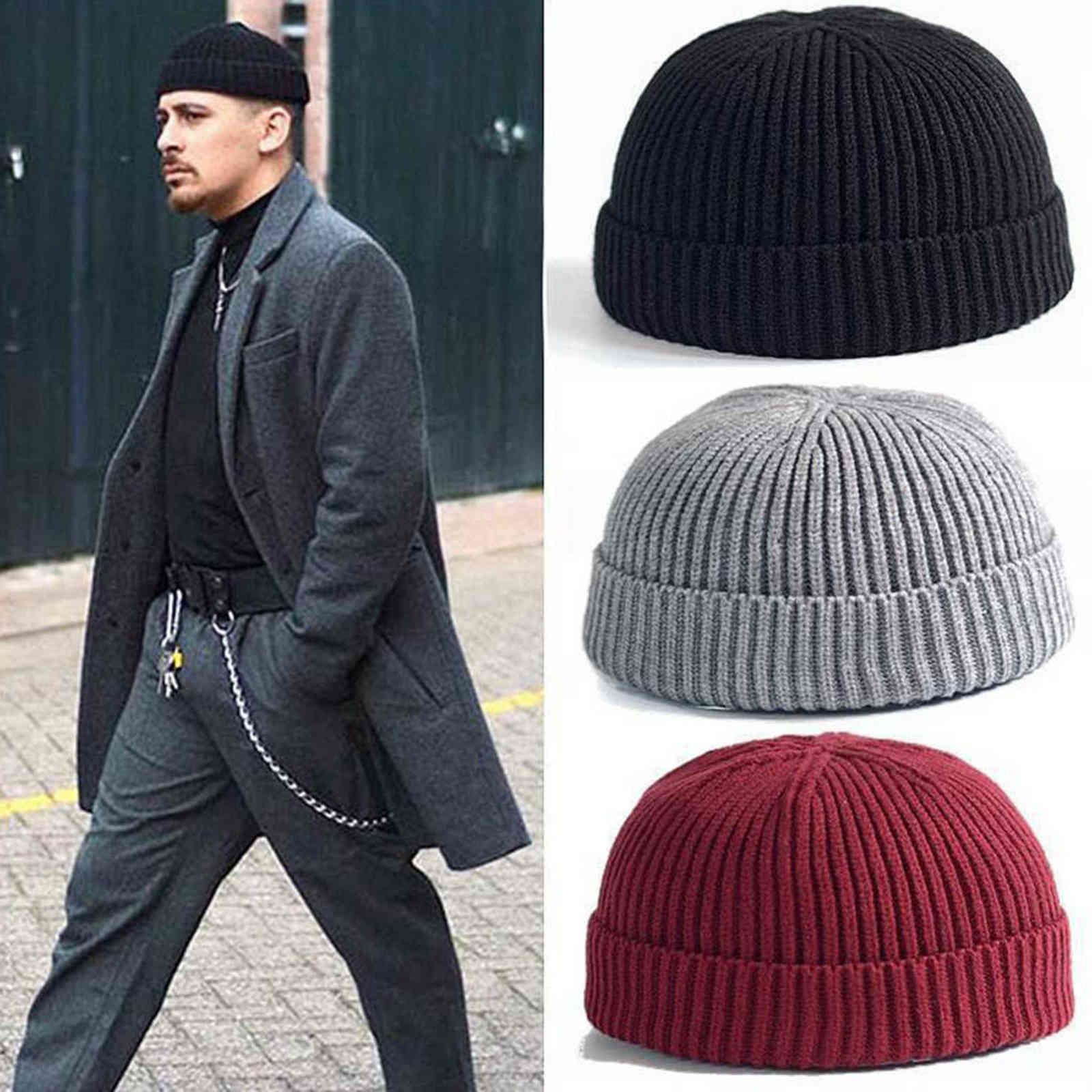 Winter Knit Mens Hat Skullcap Men Beanie Hat Winter Short Brimless Baggy Melon Cap Docker Fisherman Knitted Hat Women Z1212 Y21111