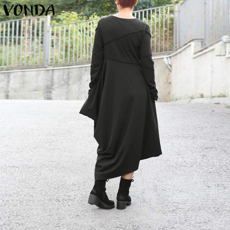 Asymmetrical Maxi Dress Women's Sundress Autumn Winter VONDA Pleated Long Sleeve Vestidos Female Robe Femme Oversized S-5XL 201008