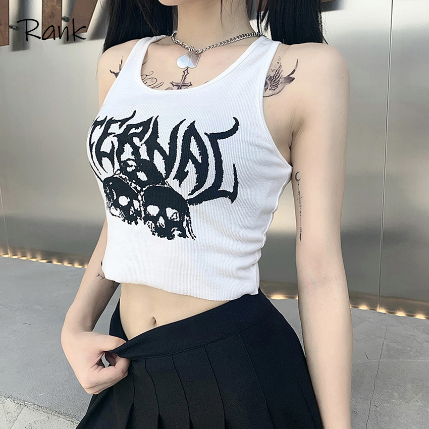Gothic Black Skull Print knitted Ruffle Chic Tank Tops Off Shoulder Casual Crop Top Summer women Grunge Female Streetwear 210308